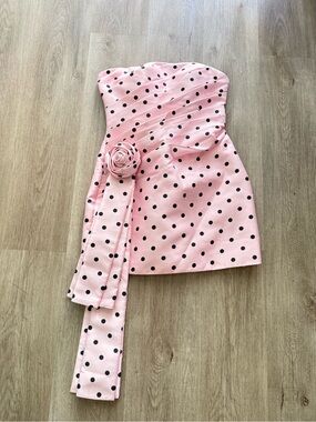 sonya moda juliette pink polka dot pleated strapless rosette mini dress small